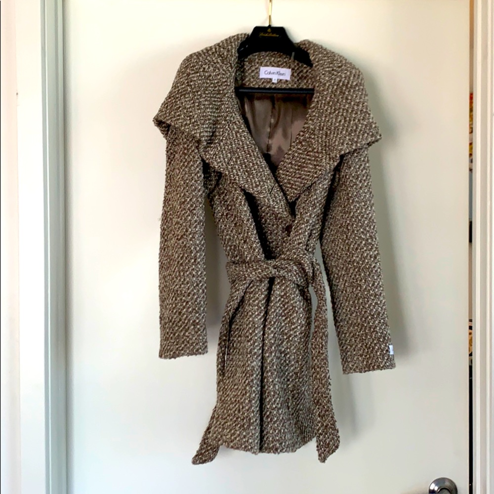 Calvin Klein city tweed belted coat with hood - Picture 2 of 8